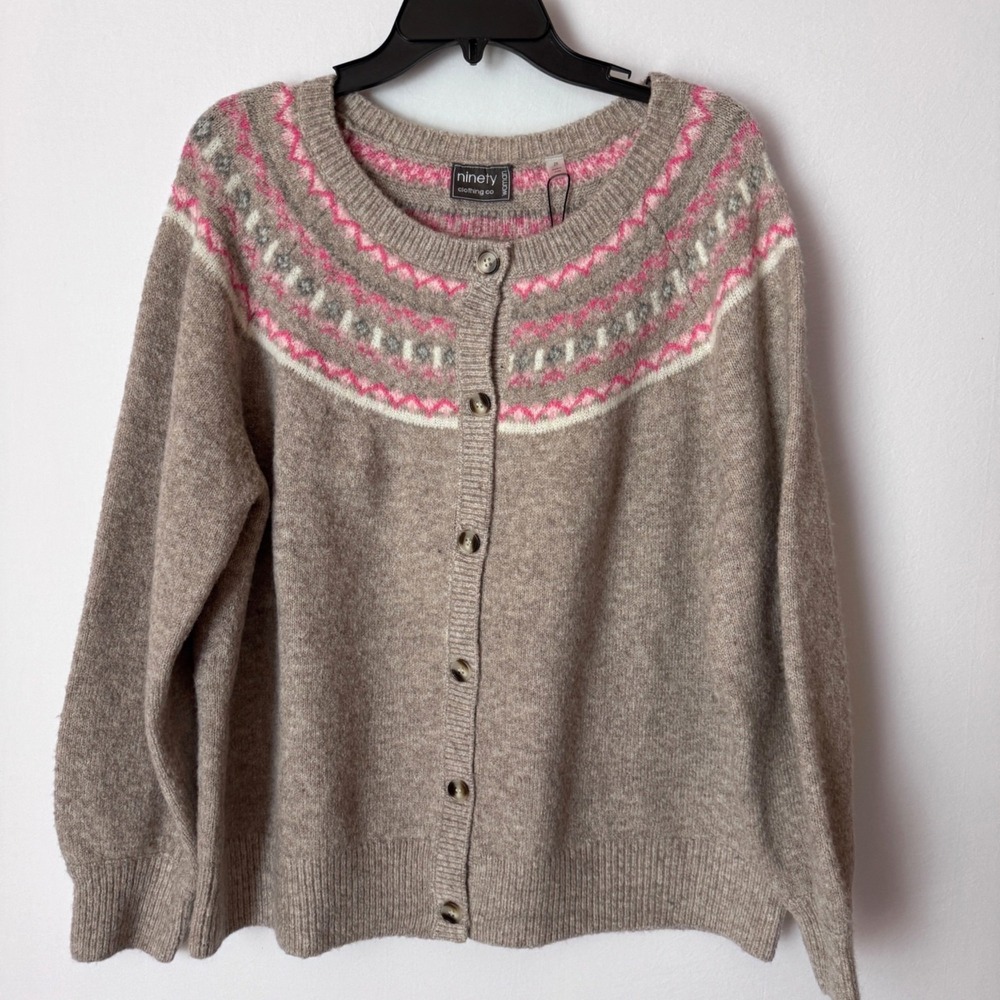 Ninety Clothing Co Women Gray Pink Fair Isle Button Front Cardigan Sweater Size